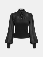 Ribbed Panel Semi-Sheer Long-Sleeve Shirt