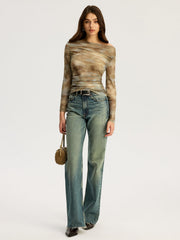 Tie Dye Print Off-shoulder Long Sleeve Top