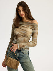 Tie Dye Print Off-shoulder Long Sleeve Top