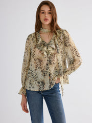 Semi-Sheer Ruffle Leopard Print Blouse