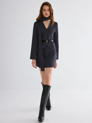 Pinstripe V-Neck Belted Blazer and Skirt Set