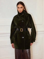 Pocketed Velvet Coat without Belt