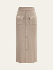 Metal Button Collared Cardigan and Midi Skirt Set