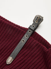 Belt Strap Detail Asymmetric Rib-Knit Top