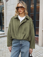 Suede Effect Zip-Up Collared Jacket