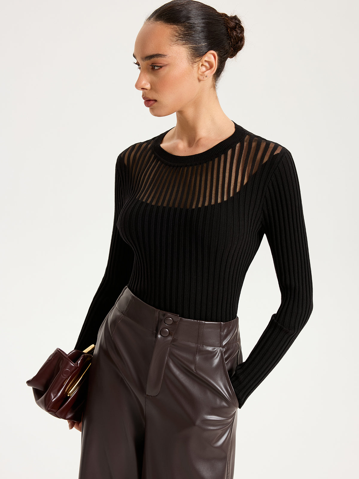 Sheer Panel Ribbed Knit Top – Okeek