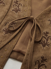 Suede Effect Embroidered Tie-Front Vest