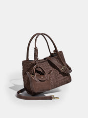Woven Faux Leather Tote Bag with Mini Bag Charm