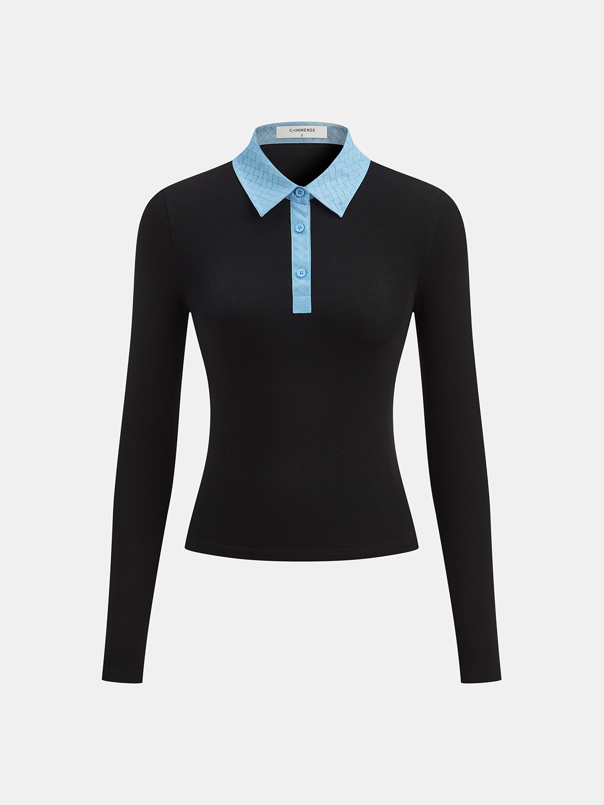 Faux Leather Collar Long-Sleeve Knit Top
