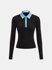 Faux Leather Collar Long-Sleeve Knit Top