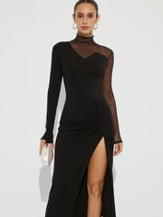 High Slit Ruched Mesh Panel Maxi Dress