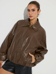 Zip-Front Collared PU Leather Jacket