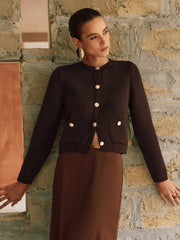 Metal Button Wool-Blend Knit Cardigan