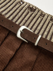 Belted Corduroy Pleated Mini Skirt with Knit Waistband
