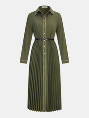 Contrast Piping Pleated Shirt Dress