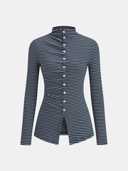 Button-Front Striped Ribbed Knit Top