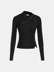 Side Button Asymmetric Lapel Ribbed Knit Top
