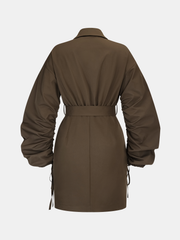 Belted Drawstring Sleeve Shirt Dress
