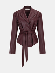 Lapel Faux Leather Belted Jacket