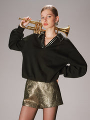 Rhinestone Collar Long-Sleeve Sweatshirt